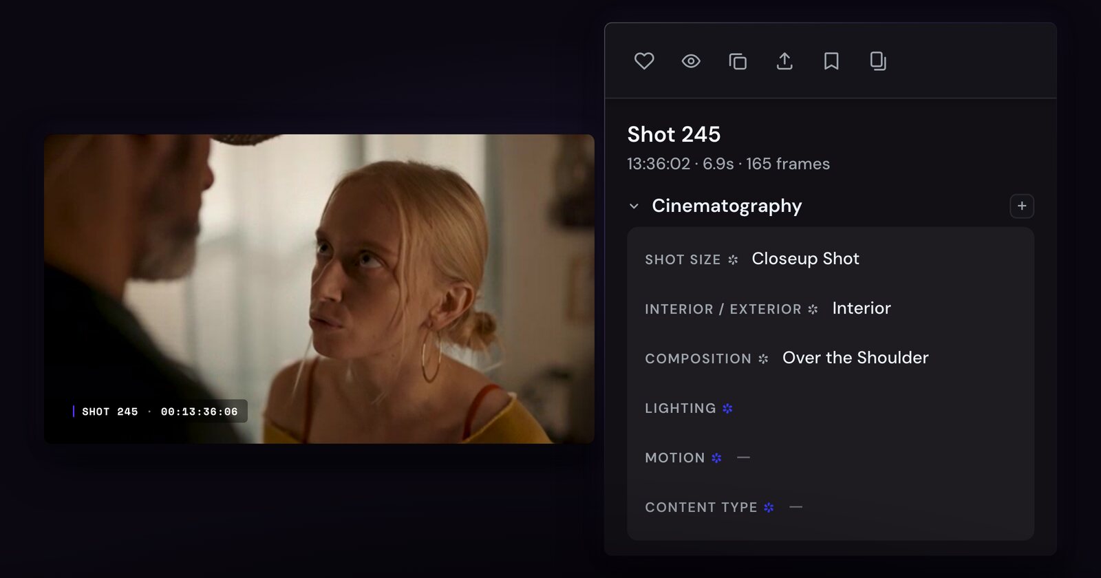 The StoryFolder shot inspector during an AI Autofill run: Shot Size, Interior/Exterior and Composition already filled on shot 245, Lighting filling, Motion and Content Type queued