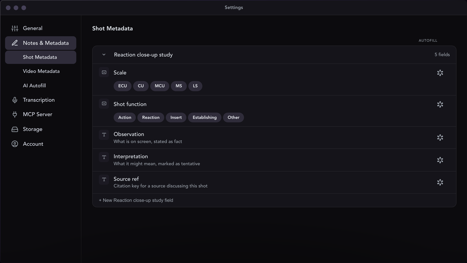 StoryFolder's Shot Metadata settings with a category called Reaction close-up study, holding Scale, Shot function, Observation, Interpretation and Source ref fields.