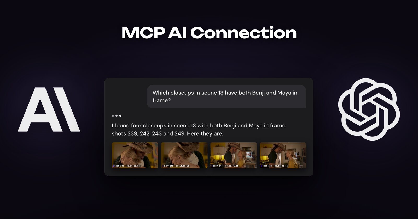 A chat with an assistant connected to StoryFolder over MCP: the question, the answer naming shots 239, 242, 243 and 249, and the four frames