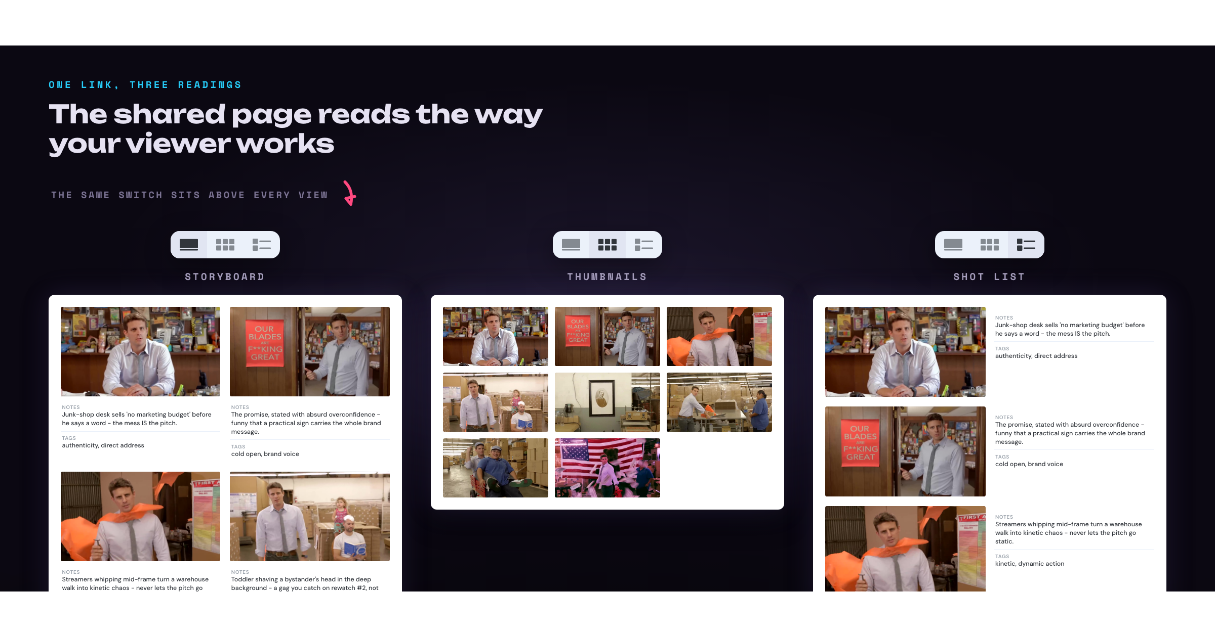 Switching between storyboard, thumbnail and list views