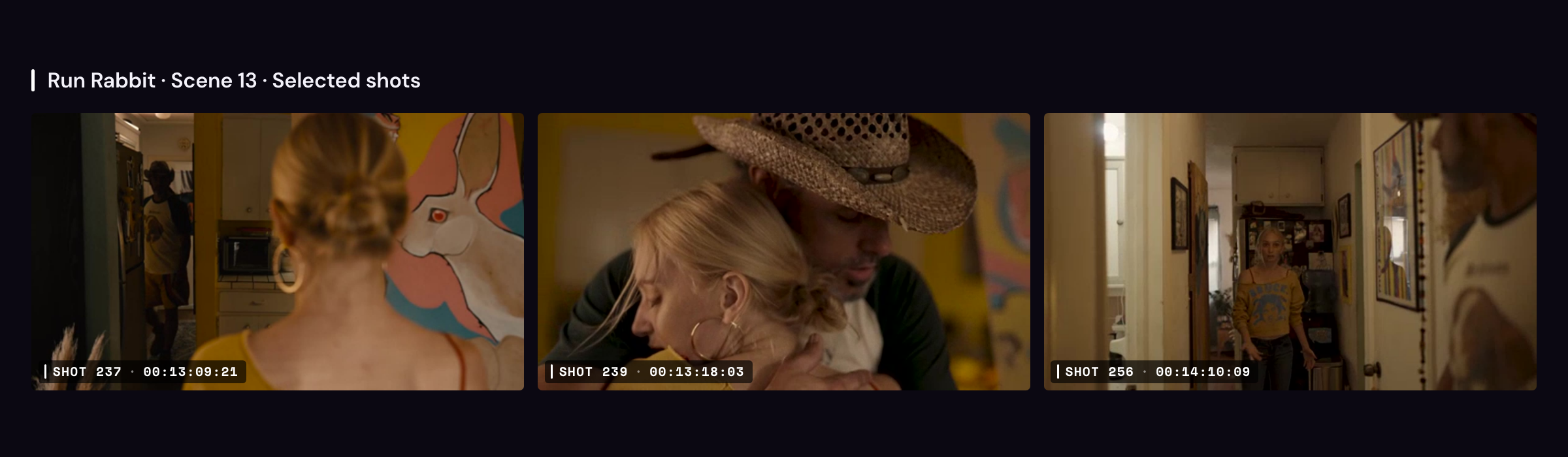Three frames from Run Rabbit scene 13: shot 237 with Maya near and Benji in a doorway, shot 239 an embrace, shot 256 Maya down a hallway with Benji blurred at the edge.