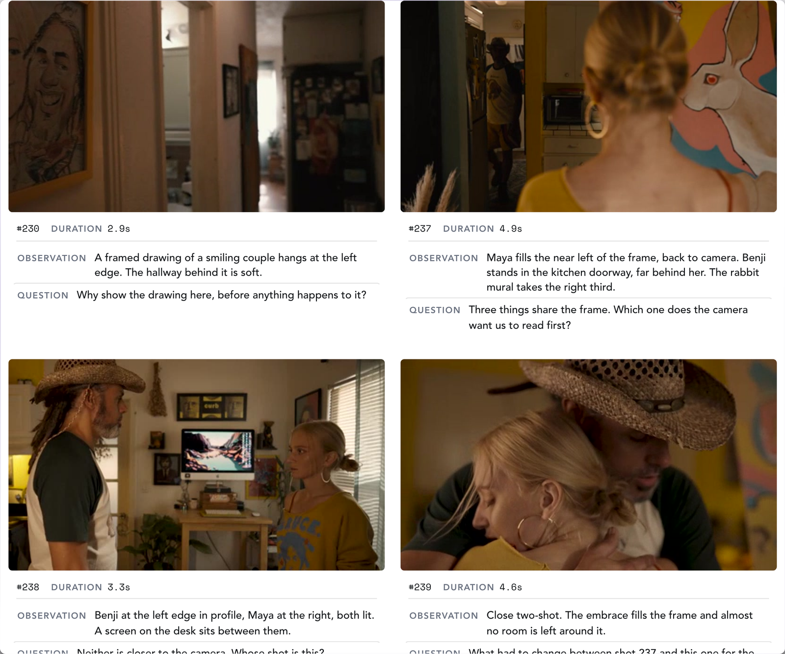 A page of the Storyboard PDF: six shots from Run Rabbit scene 13, each with its frame, shot number, duration, an observation and a question.