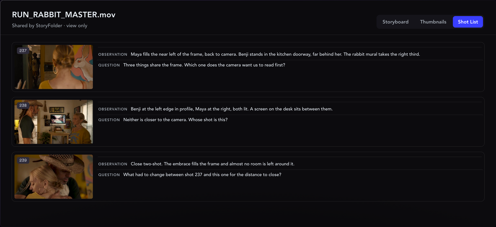 A published StoryFolder board in the Shot List layout: shots with observation and question notes, and no comment box or video player.