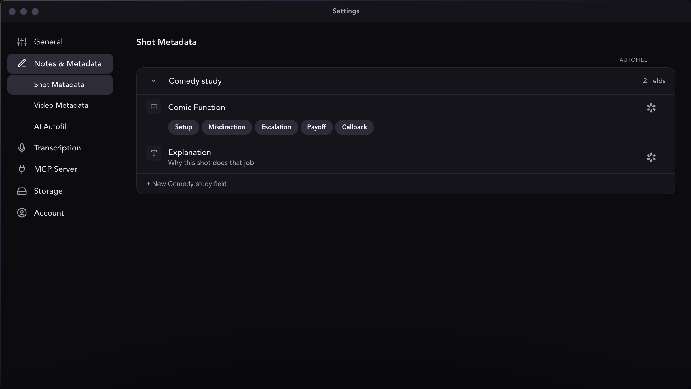 StoryFolder settings, Shot Metadata: a Comedy study category with a Comic Function dropdown offering Setup, Misdirection, Escalation, Payoff and Callback, and an Explanation text field.