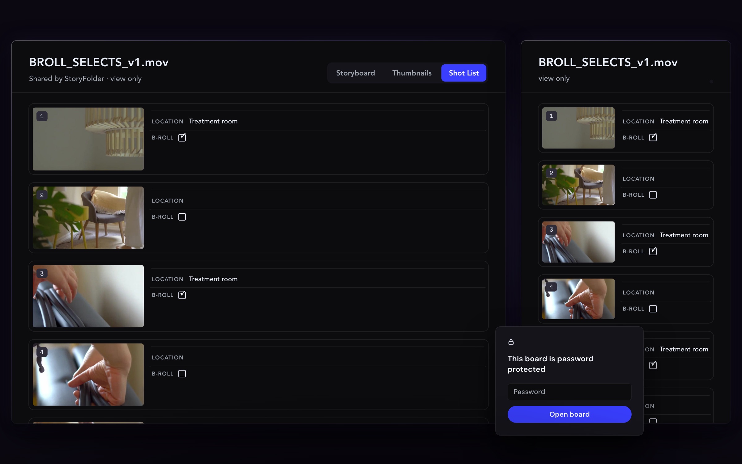 Published board for BROLL_SELECTS_v1.mov in Shot List layout, view only, with a password prompt on a second copy.