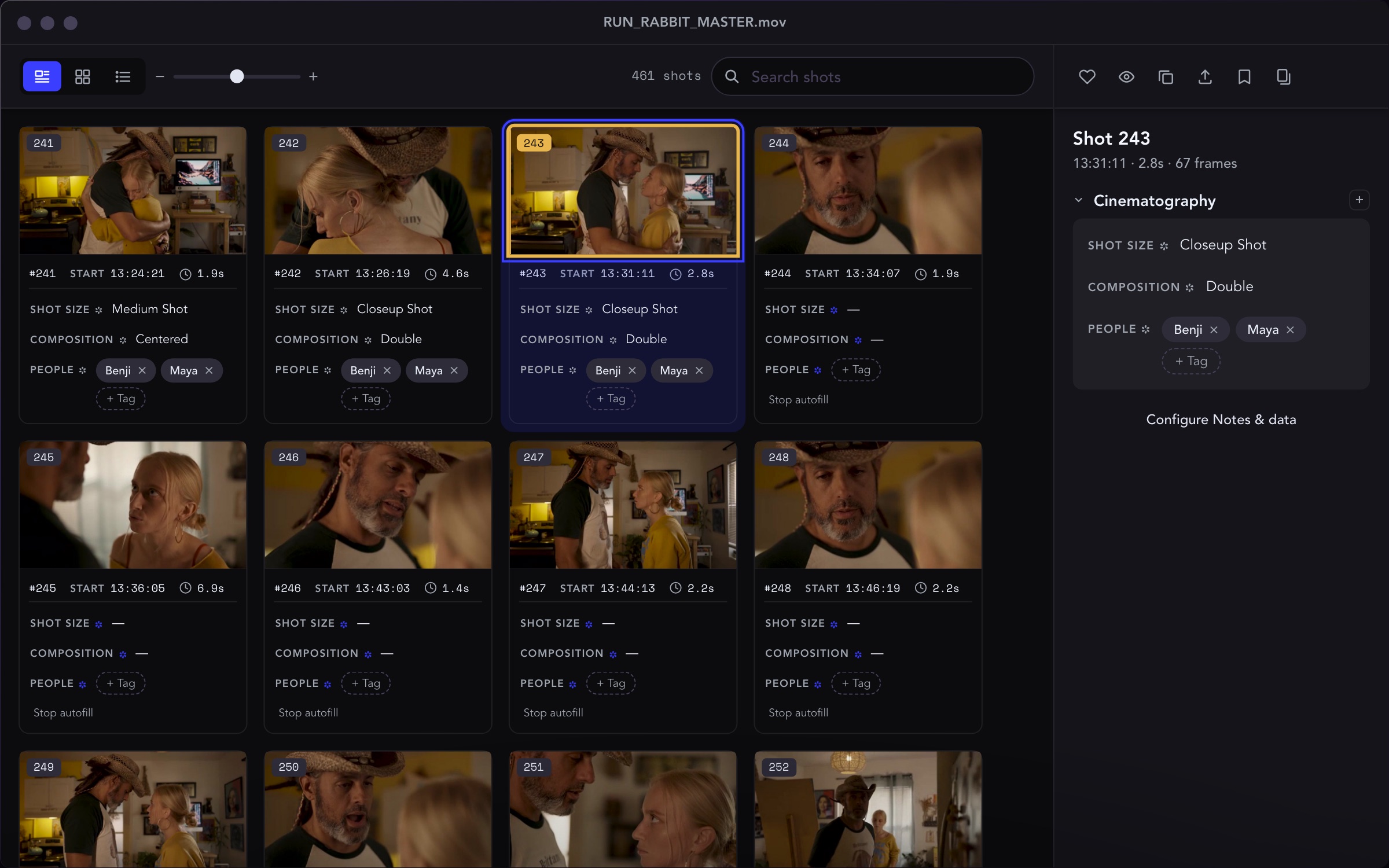 StoryFolder board of RUN_RABBIT_MASTER.mov showing shot cards with Shot Size, Composition and People values, the inspector open on shot 243.